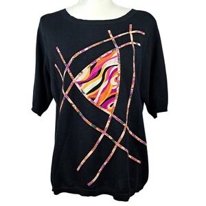 KOOS of Course! Black Ramie Blend Top Silk Applique Short Sleeve Art to‎ Wear